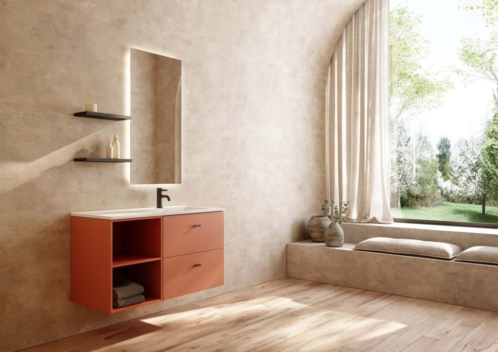 Modern bathroom home decor design featuring a warm-toned floating vanity with open shelves, minimalist black faucet, textured mirror, and two black wall shelves.