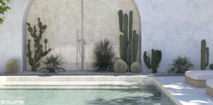 Mediterranean-style outdoor pool area featuring a cream tiled accent wall with an integrated shower, surrounded by various cacti and desert plants.