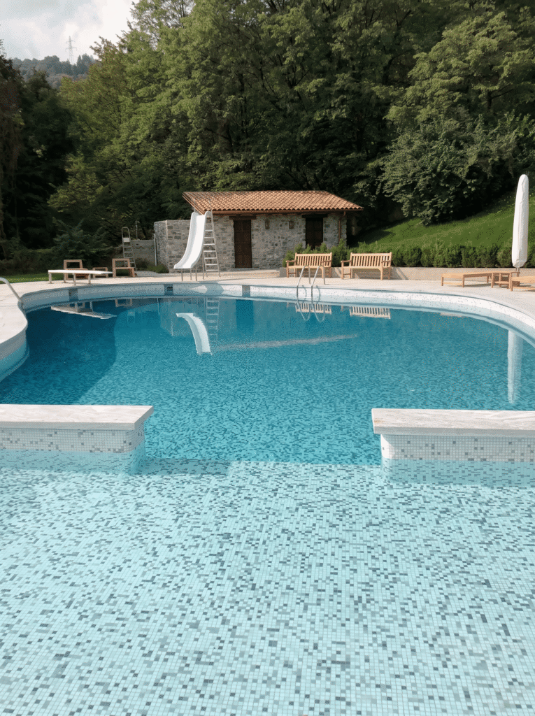 Outdoor resort-style swimming pool surrounded by dense green forest and landscaped lawn, featuring clear blue mosaic-tiled water, white pool slide, metal ladders, wooden lounge benches, and a rustic stone pool house with terracotta roof. Serene luxury retreat setting with natural scenery, poolside seating, and calm reflections in the water under soft daylight.