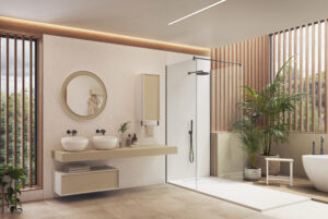 Modern bathroom with neutral tones features double sinks, round mirror, glass shower, large potted plants, and wood accents, conveying a serene atmosphere.