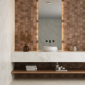 Luxury bathroom vanity with a marble countertop, framed by square basket-weave mosaic wood-effect tiles from the Portobello Arca Tropical collection.
