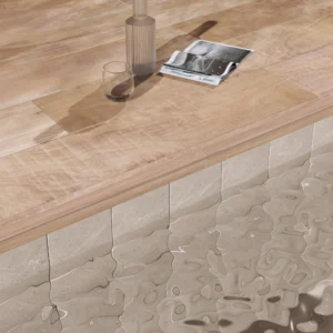 Close-up of a luxury pool edge finished with porcelain wood-look coping tiles from the Portobello Arca Nordic collection.