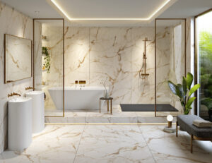 Luxurious bathroom with marble walls and floors, featuring a freestanding bathtub, dual sinks, and a glass shower. Elegant, serene ambiance with modern decor.