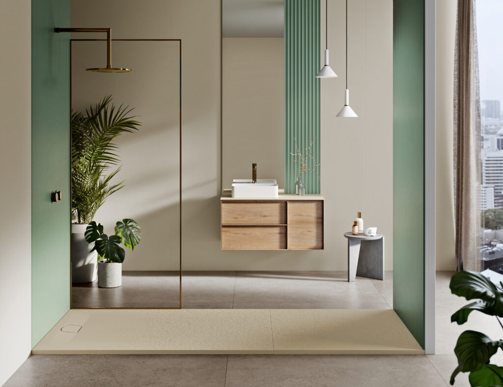 Modern bathroom with a minimalist design, featuring a large mirror, wooden vanity, and green accents. A potted plant adds a natural touch.