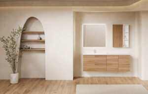 Floating wooden bathroom furniture unit from the Royo Econic range in natural Hickory wood finish, combining two drawers and two cabinet doors.