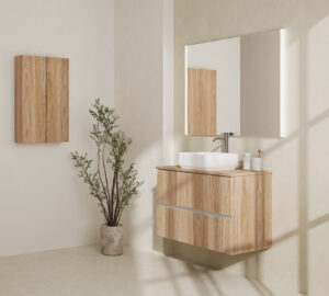 Soft minimalist bathroom furniture featuring the fluted Royo Vora vanity unit in Hickory wood texture with a matching side cabinet.